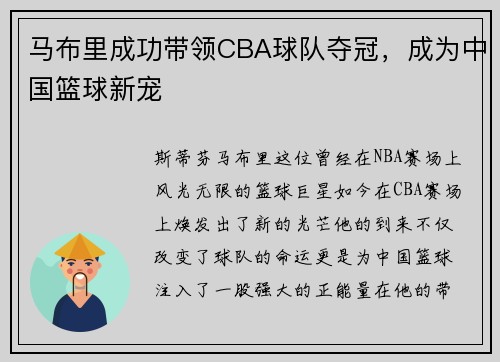 马布里成功带领CBA球队夺冠，成为中国篮球新宠
