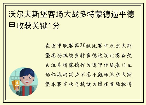 沃尔夫斯堡客场大战多特蒙德逼平德甲收获关键1分