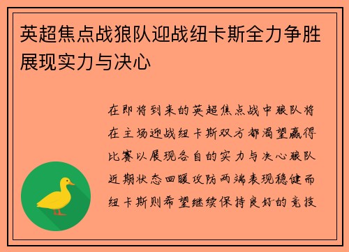 英超焦点战狼队迎战纽卡斯全力争胜展现实力与决心